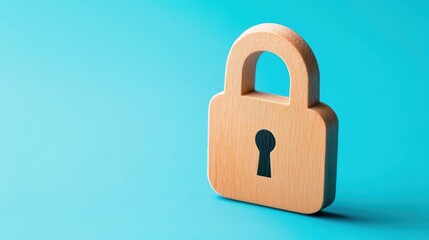 Fototapeta premium Wooden padlock on blue background symbolizing security and safety