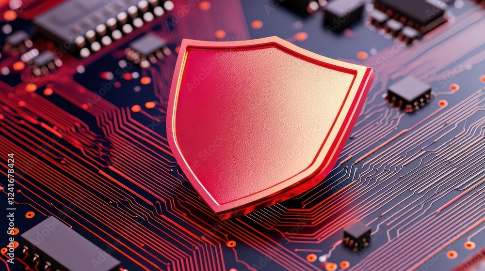 Poster digital shield on circuit board background with red highlights