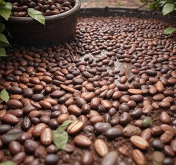 Cocoa beans fermenting in a pit with muddy water and leaves, water, cocoa