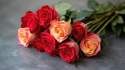 Fototapeta premium A bouquet of bright red and yellow roses arranged on a table, perfect for various occasions and events