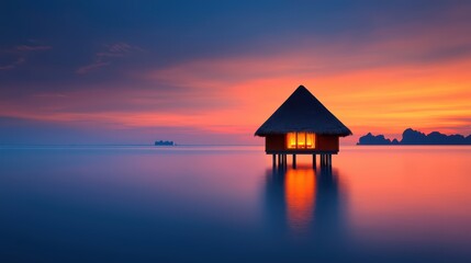 Serene Sunset Overwater Bungalow with Vibrant Sky Reflection