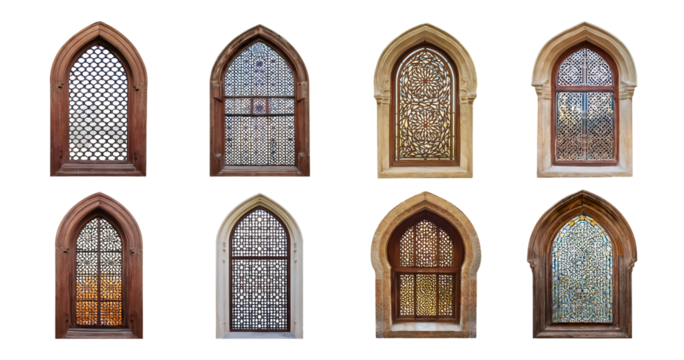 Collection of Colorful Stained Glass Windows in Historic Architecture, isolated on transparent background
