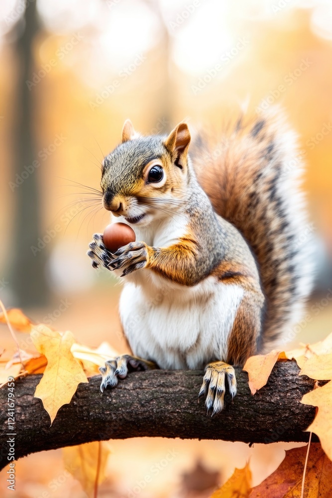 Poster close-up of squirrel holding acorn on tree branch surrounded by autumn leaves