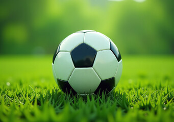 Fototapeta premium football ball sits alone green grass surrounded nothing open