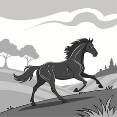 Galloping Black Horse - Elegant Grayscale Vector Illustration - Equine Art.