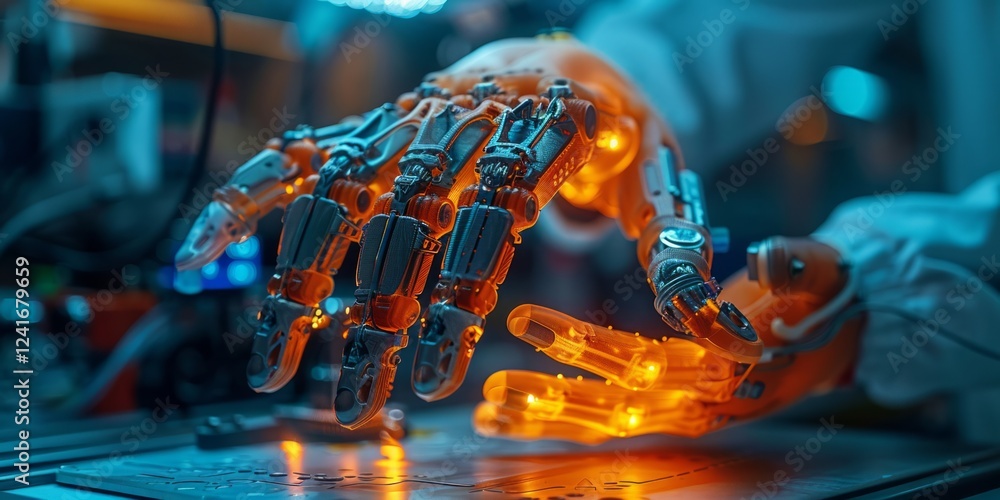 Poster futuristic robotic hand with glowing orange lights interacting with a high-tech interface in a labor