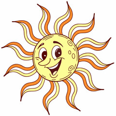 Happy Cartoon Sun: Yellow, Orange Rays.