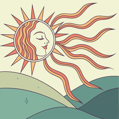 Sun Goddess Face Line Art: Pastel Orange Teal Spiritual Wellness Graphic.