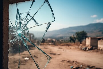 close-up of window with shattered glass framing bleak outdoor scene evoking themes of poverty and hardship with clean