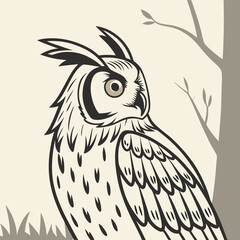 Great Horned Owl Vector Art: Detailed Linework, Monochrome.