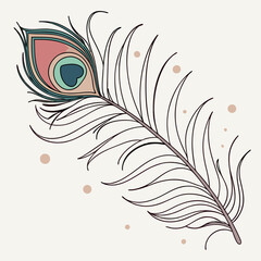 Pastel Peacock Feather Line Art Illustration - Elegant Design Element.