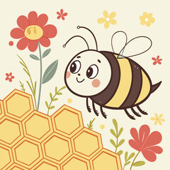 Cute Cartoon Bee with Honeycomb - Children's Illustration, Yellow & Brown.