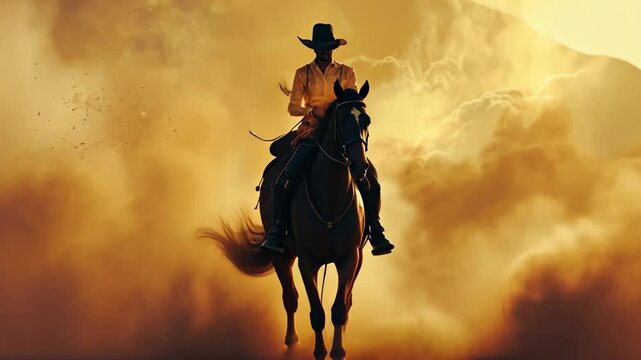 A woman elegantly rides her horse through a golden, dusty landscape at sunset, creating a captivating silhouette of a powerful bond between rider and steed