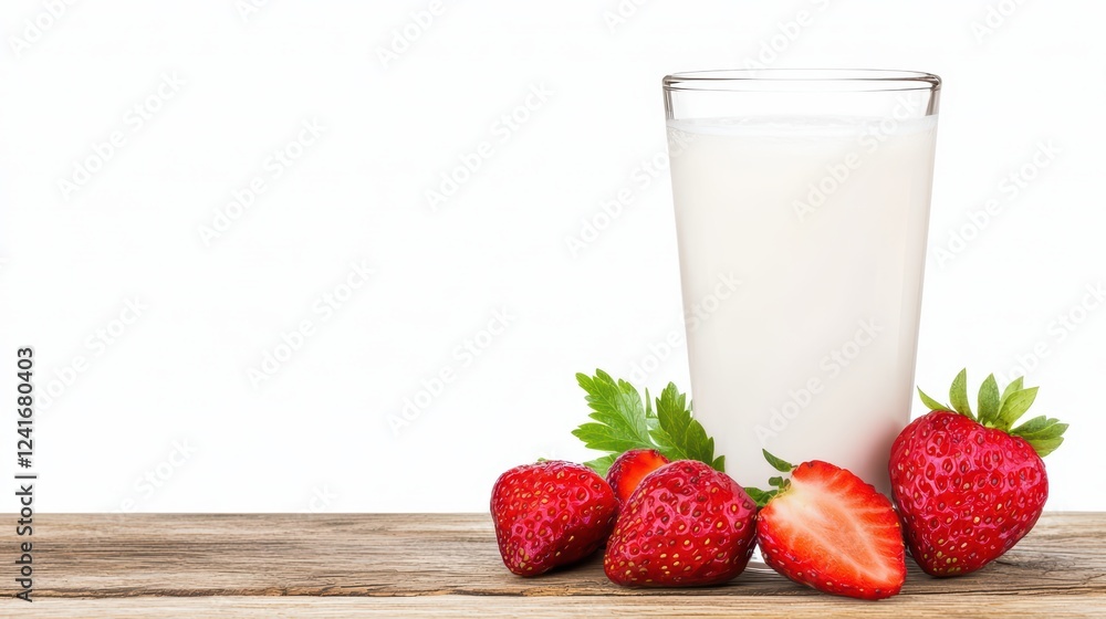 Wall mural Fresh Strawberries and Milk in a Glass on a Wooden Table Surface