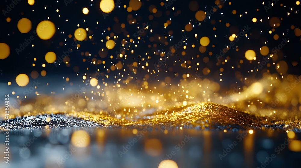 Aufkleber golden glitter scattered on dark surface with bokeh lights and sparkles creating magical festive atm