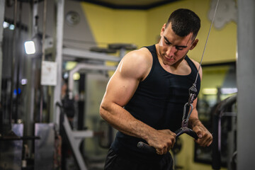 young muscular man do exercise for triceps on the exercise cable machine