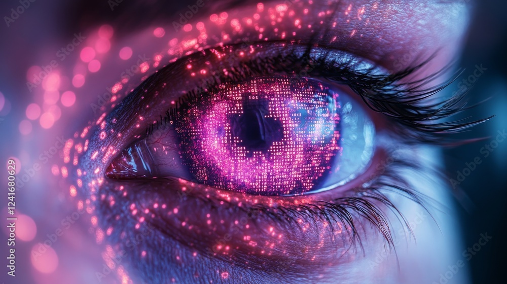 Poster A Close-Up of a Human Eye with Binary Code and Pink Glowing Particles Overlaid, Representing Digital Transformation and Technological Advancement in Modern Society.