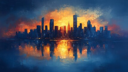 Fototapeta premium A Cityscape's Golden Embrace: An Impasto Masterpiece of Urban Reflections at Sunset, Capturing the Vibrant Energy and Tranquil Beauty of a Modern Metropolis.