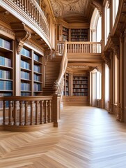 Obraz premium Grand Wooden Library Interior - Luxurious library with a grand wooden staircase and ornate bookshelves filled with books. Sunlight streams through tall windows.