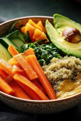 A colorful bowl filled with nutritious ingredients including carrots, avocado, and quinoa