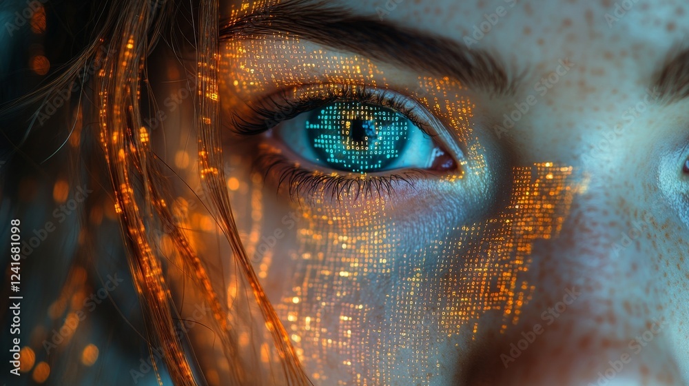 Fototapete A Glimpse into the Digital Soul: An AI-Generated Portrait of a Woman with Binary Code Emblazoned Across Her Face and Reflecting in Her Eye.
