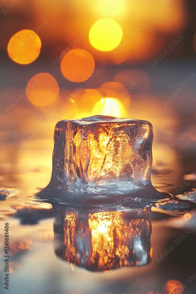 Sticker A large chunk of ice sits atop the calm surface of a lake, with a serene atmosphere and natural scenery