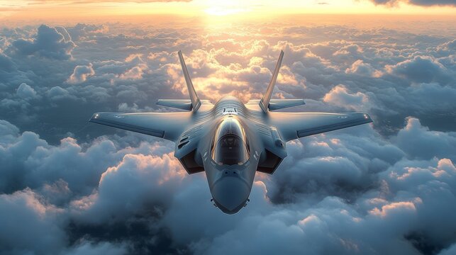 F-35 Lightning II Stealth Fighter Jet Soaring Above a Sea of Clouds at Sunset: A Stunning Aerial View