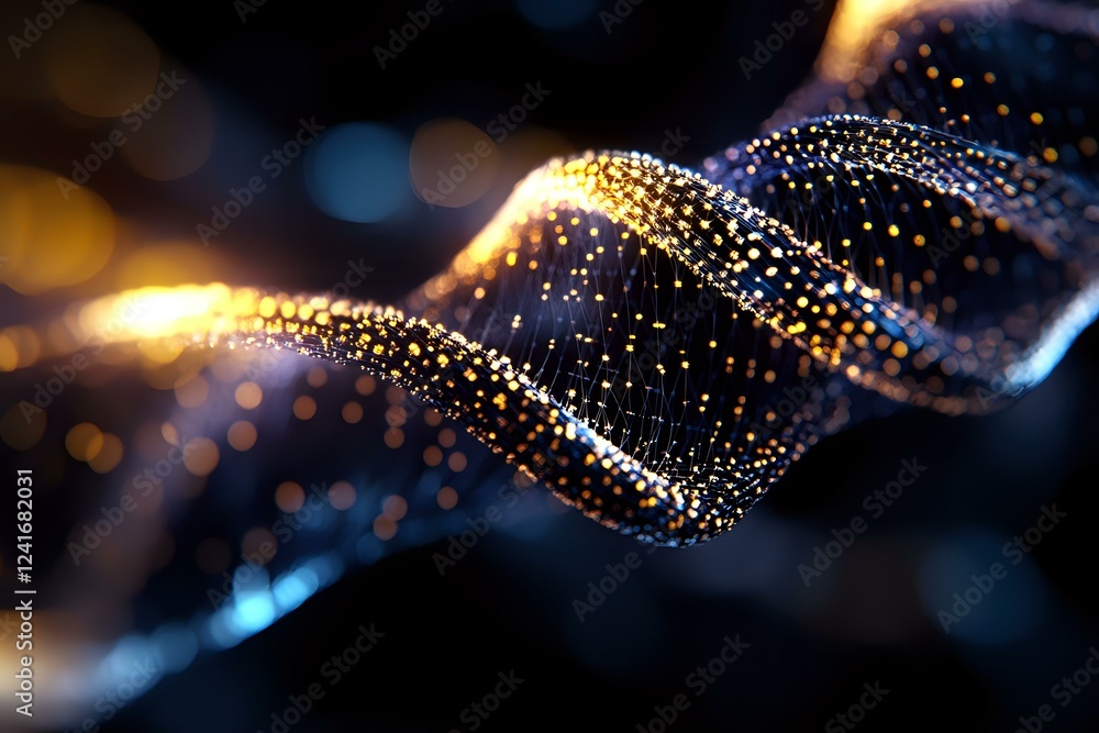 Poster glowing golden particles form elegant wave pattern against dark background, creating magical light t