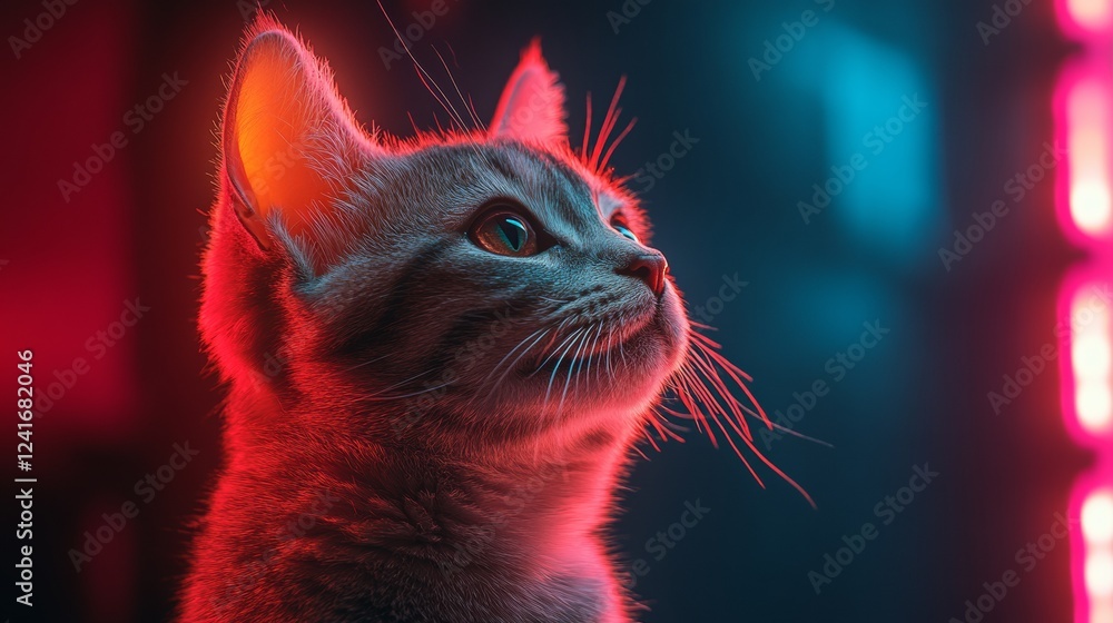 Poster neon dreams: a kitten's gaze in vivid red and teal light, captivating portrait of a feline under dyn