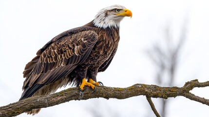 Obraz premium Majestic Bald Eagle Perched on a Branch, a Symbol of Freedom and American Heritage, Displaying its Powerful Talons and Striking Features Against a Soft, White Background.