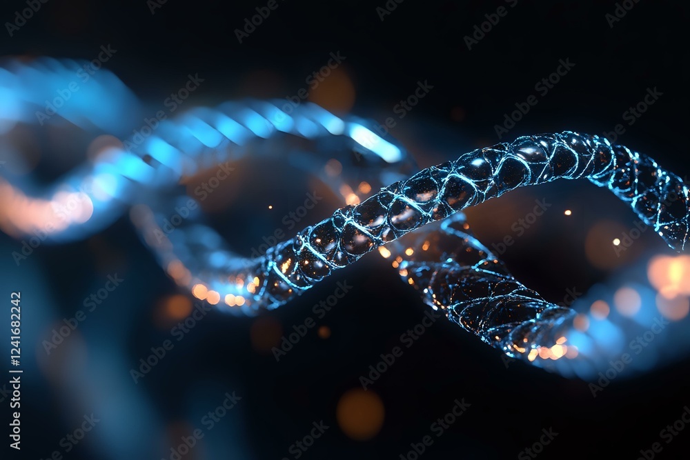 Poster glowing blue dna helix structure with metallic mesh wireframe floating in dark space, illuminated by