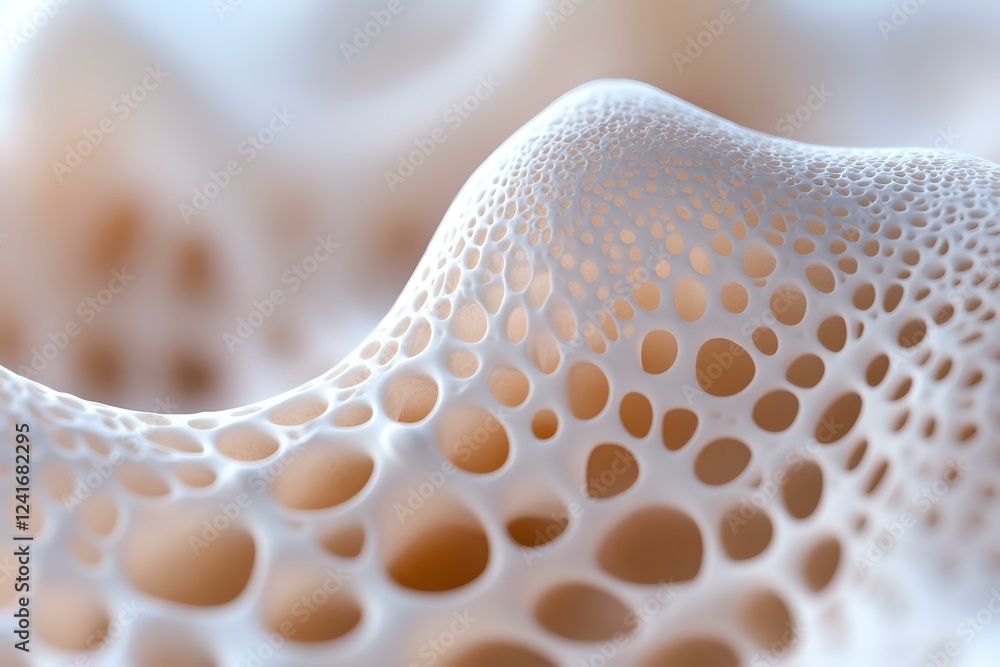 Poster abstract macro photography of white organic honeycomb or mesh structure with circular holes against 
