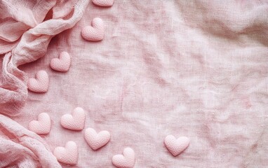 Romantic mockup background with space for text decorated with tiny hand-drawn hearts subtly arranged over a soft pink linen texture for Saint Valentines Day and 8 March International Womens Day