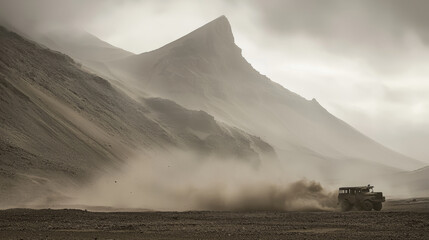 Fototapeta premium Vehicle kicking up dust storm, traversing desolate mountain landscape.