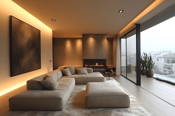 Fototapeta premium Modern living room with soft lighting and city view during evening hours