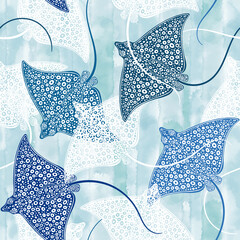 Multicolored stingrays on a blue watercolor background. Luxury hand drawn design with sea creatures, seamless pattern. Art sea background. Vector. Perfect for wallpaper, wrapping, fabric, print 