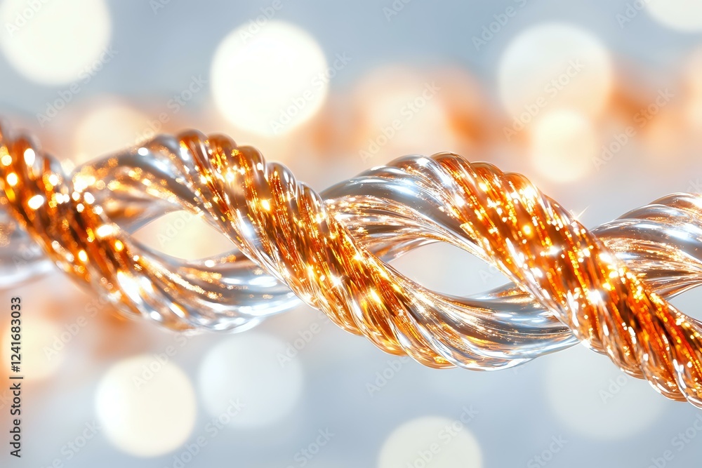 Poster twisted copper and silver wires intertwined in spiral pattern with soft bokeh lights background crea
