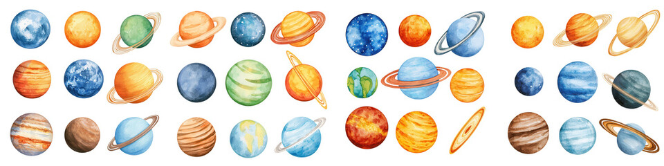 Space day element, Colorful planets of solar system in various styles and sizes, isolated on transparent background.