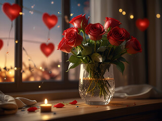 A romantic and vibrant scene celebrating Rose Day, featuring a bouquet of fresh, dew-kissed red roses arranged elegantly in a glass vase. Soft, warm sunlight filters through a window, casting