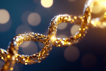 Golden DNA helix structure glowing against dark background with bokeh lights, representing genetic research and biotechnology advancement in medicine.