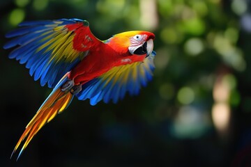 A vibrant parrot soaring through the air, its bright colors catching the light