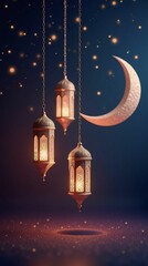 Elegant Ramadan Mubarak Post – Luxurious Lanterns & Crescent Moon,Trending Ramadan Mubarak Design – Crescent Moon at Top Right,Editable Ramadan Post Design – High-Resolution Stock Image!,Elegant Islam