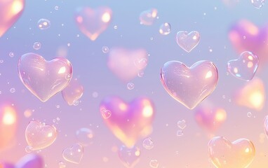 Romantic mockup background with space for text featuring softly glowing pastel heart bubbles floating against a dreamy gradient sky for Saint Valentines Day and 8 March International Womens Day
