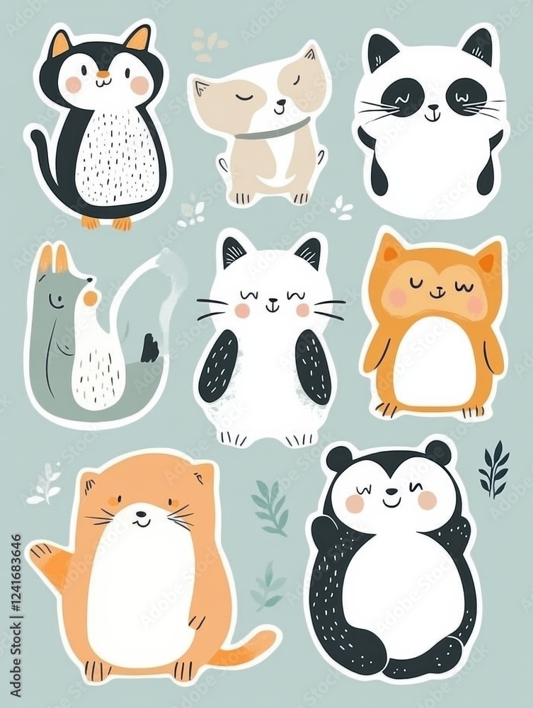 Poster Adorable animal stickers featuring various cute characters in playful poses and vibrant colors on a soft background. Generative AI