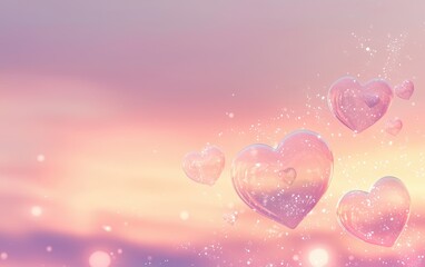 Romantic mockup background with space for text featuring softly glowing pastel heart bubbles floating against a dreamy gradient sky for Saint Valentines Day and 8 March International Womens Day