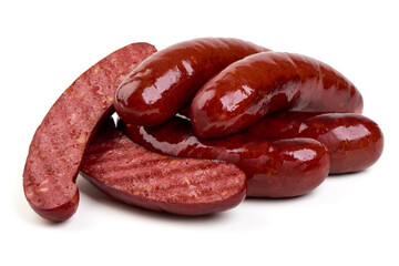 Pork sausages, Oktoberfest dishes, isolated on white background.