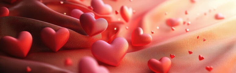 Obraz premium Romantic satin fabric background with scattered red and pink heart-shaped decorations and an elegant glow, ideal for Saint Valentines Day and 8 March International Womens Day