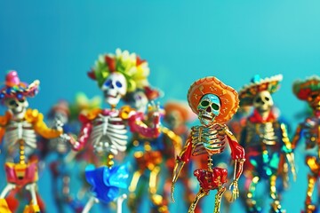 miniature people in Glossy shinny Intricate colorful Intricate golden, rule of thirds, banner design without text Day of the dead rule of thirds, corner right side placed,
