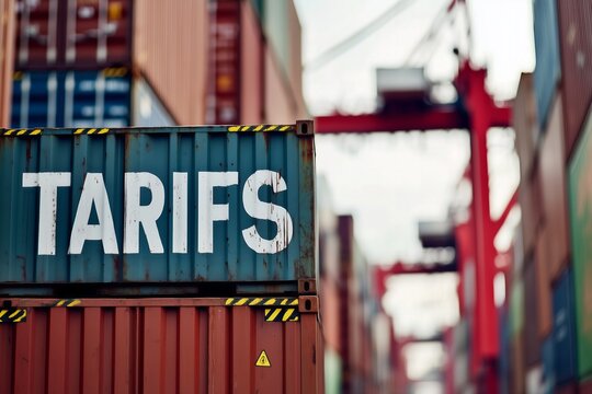 white text "TARIFS" in foreground shipping containers in the background, US foreign policy