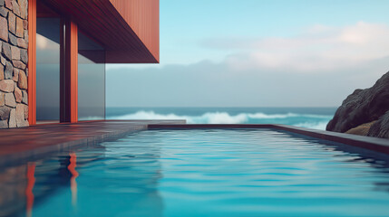 Modern architectural design showcasing stylish pool with ocean view in serene coastal setting
